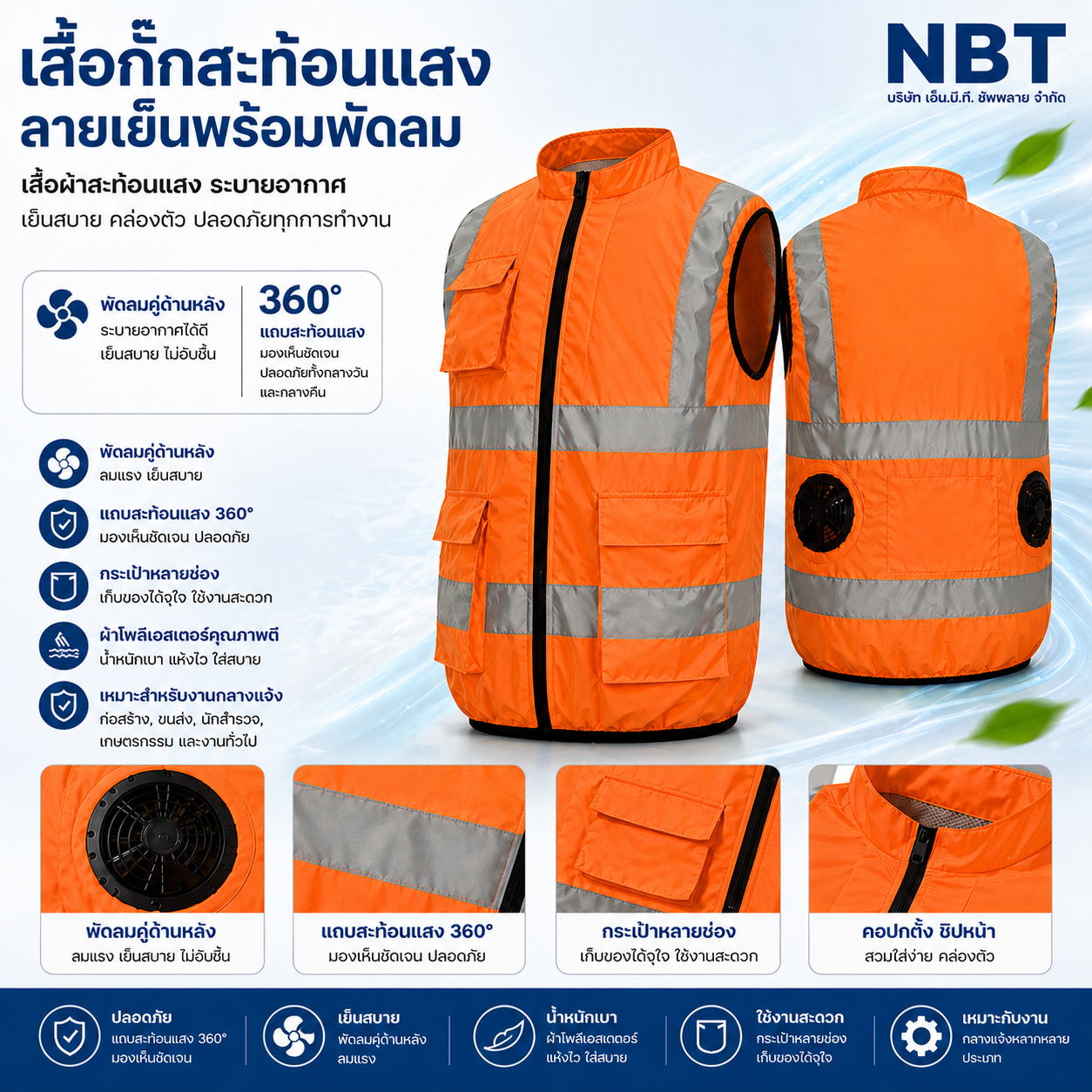 เสื้อกั๊กสะท้อนแสง พัดลมในตัว ระบายอากาศ รุ่น Cooling Vest (แถม Power Bank) ไซต์ L สีส้ม